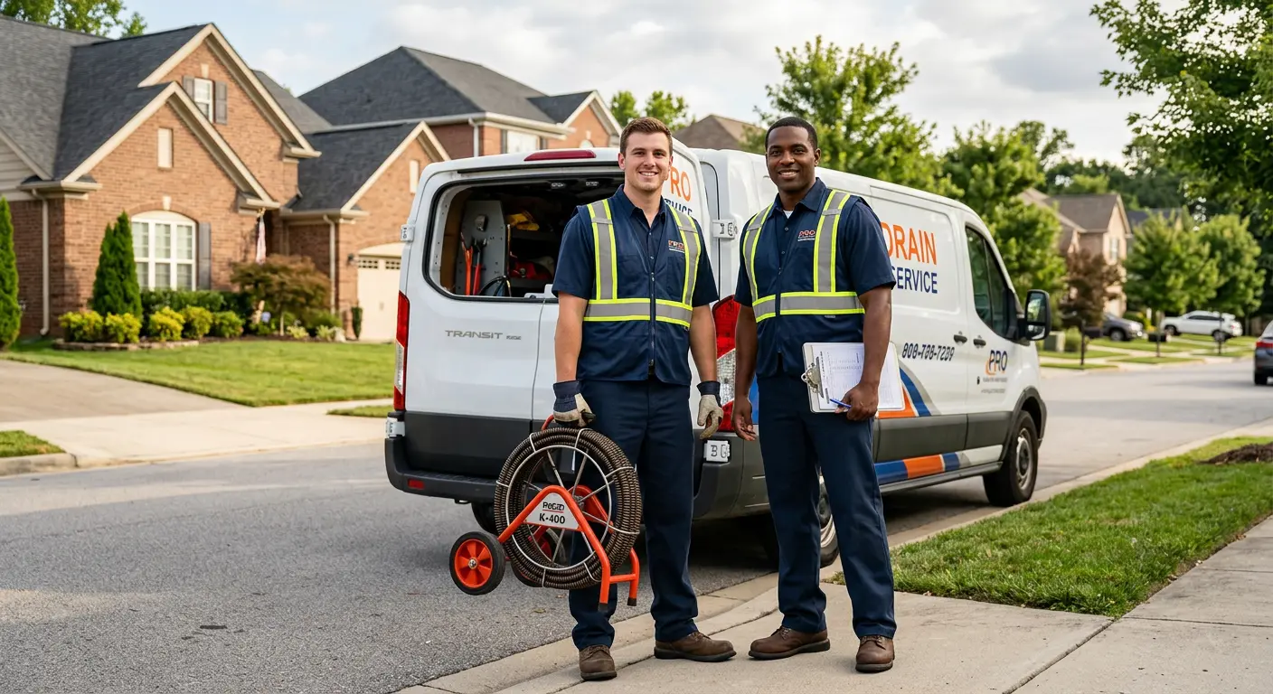 Sewer and drain service team with equipment ready for work in Jersey Village