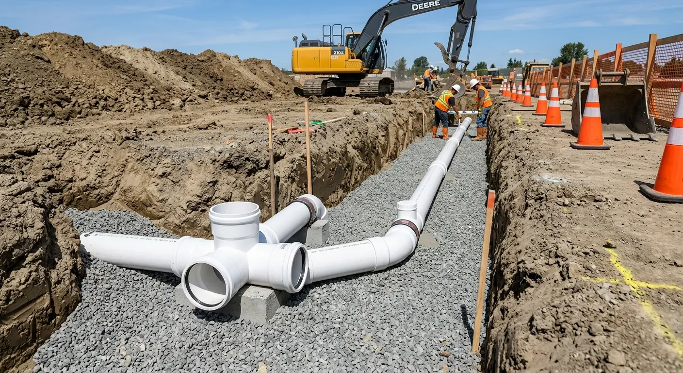 New PVC sewer pipe installation in open trench for Commercial Drain Cleaning in Jersey Village