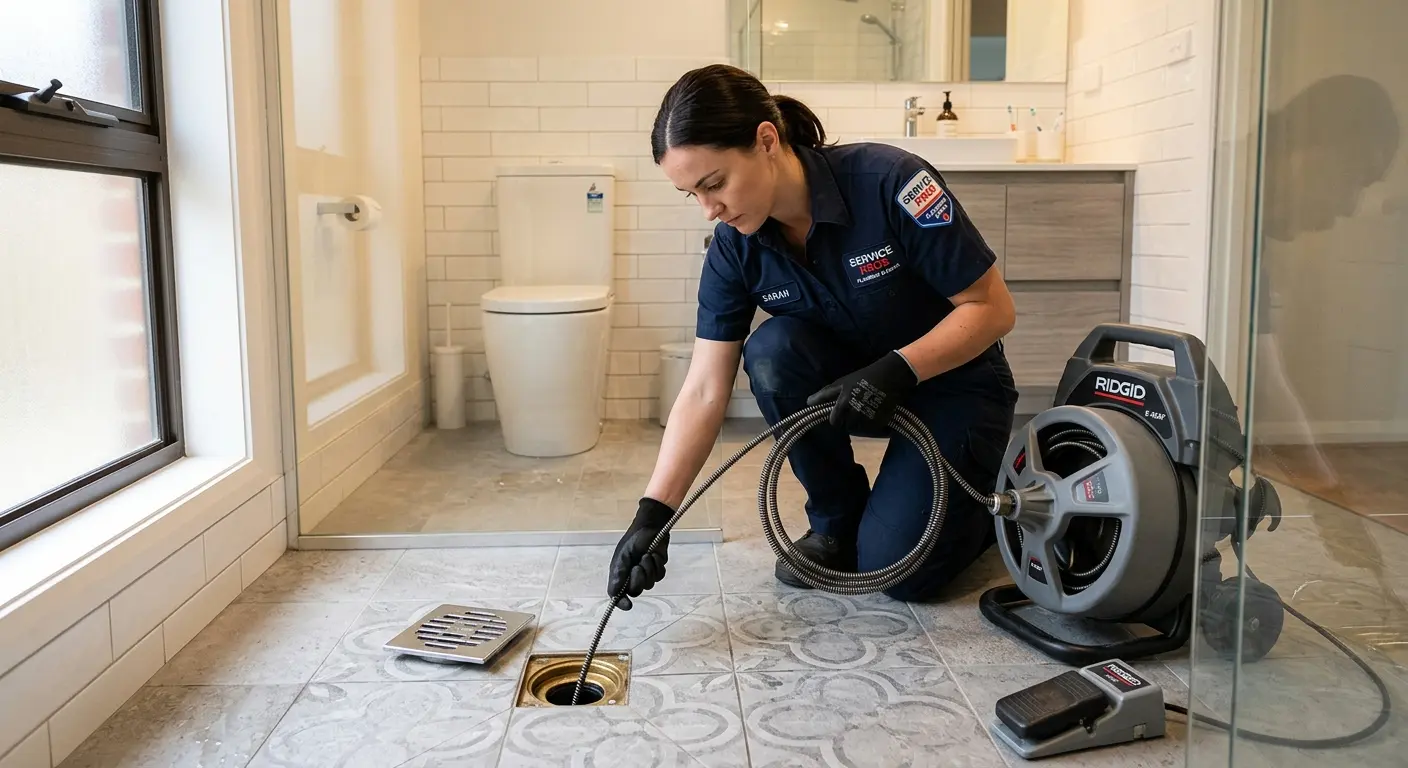 Technician clearing a bathroom floor drain for Clogged Drain Repair in Jersey Village